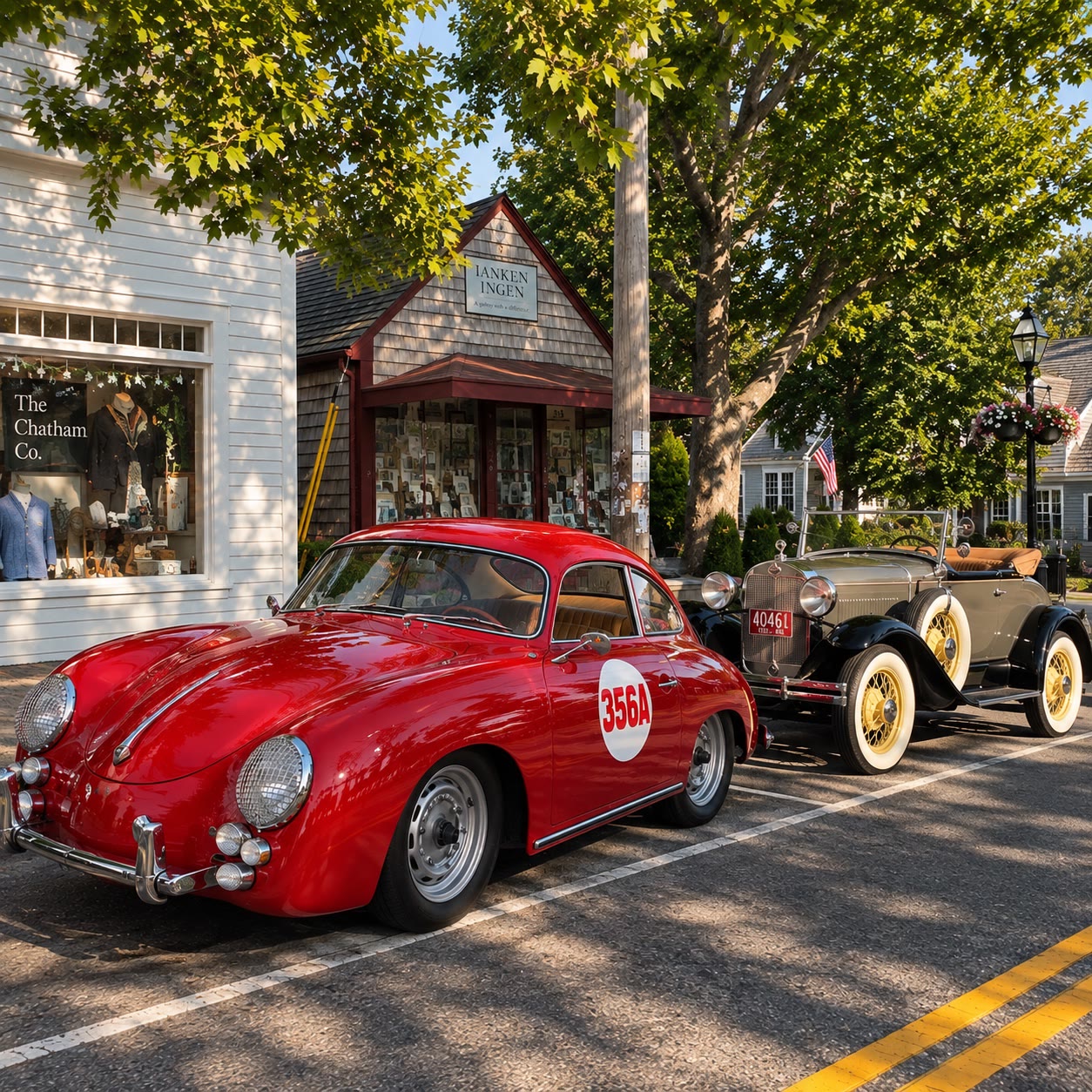 A red Porsche and a vintage roadster parked on Main Street in Chatham