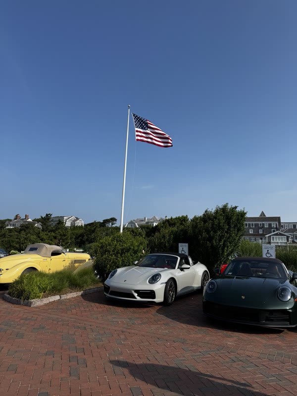 Cars lined beside the manicured hedge